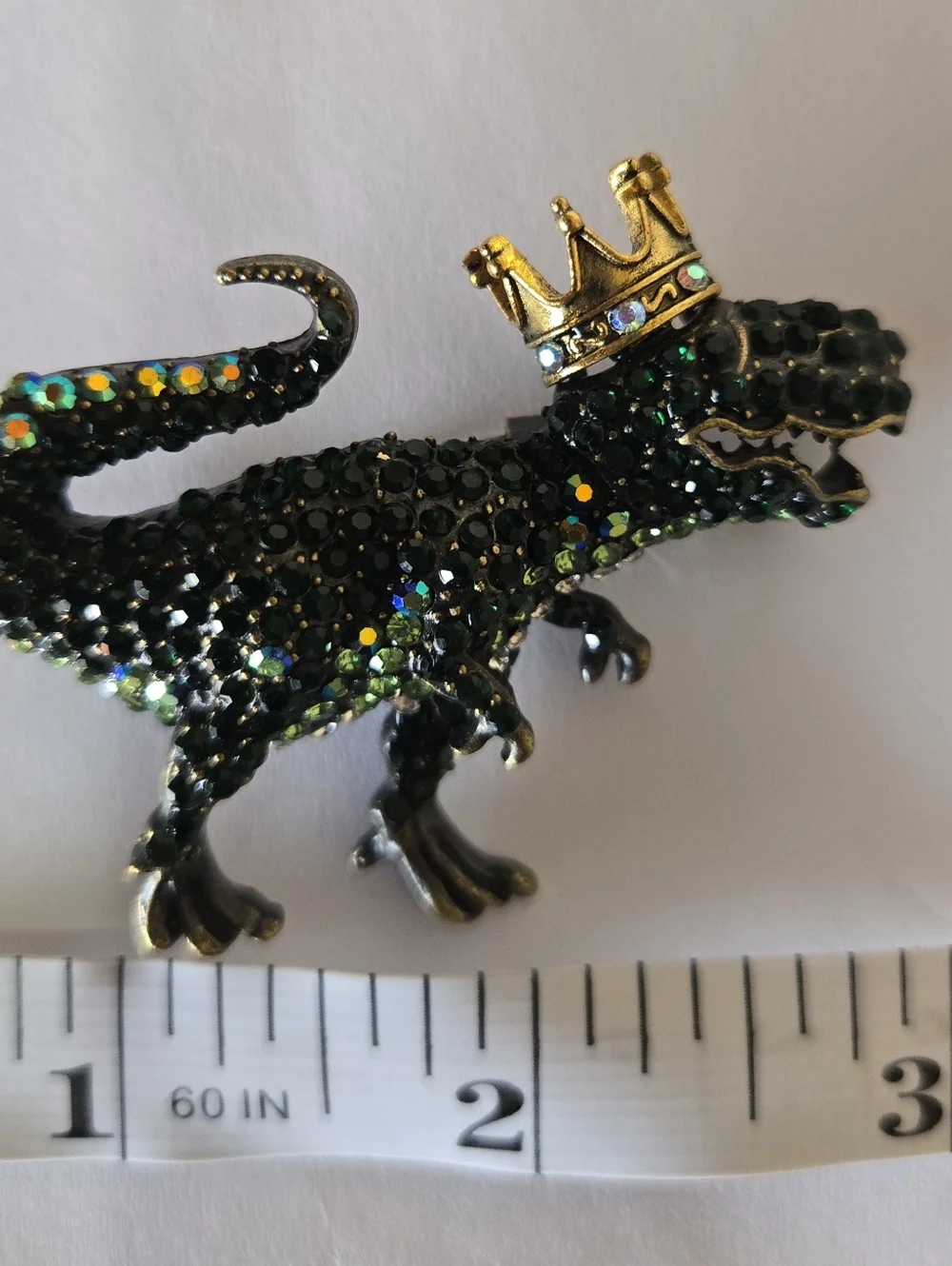 Crowned Green Crystal T-Rex Brooch - Decorative Pin. - Picture 4 of 6